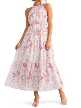 Italian Claudia Collezioni Pastel Floral Purple Summer Tiered Maxi Dress Pink L